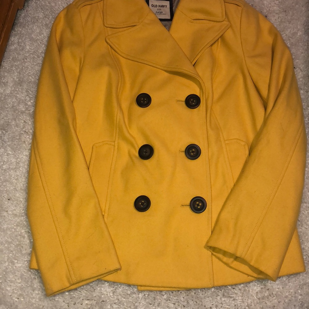 Yellow pea coat with chunky buttons and pockets